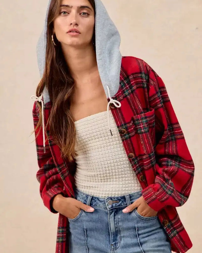 BiBi Brushed Plaid Hooded Jacket - Sleekdenim.com