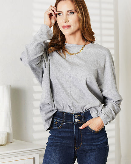Double Take Seam Detail Round Neck Long Sleeve Top - Sleekdenim.com