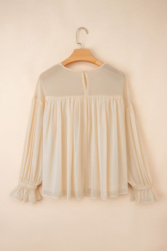 Solid Chiffon Pleated Ruffle Long Sleeve Blouse - Sleekdenim.com