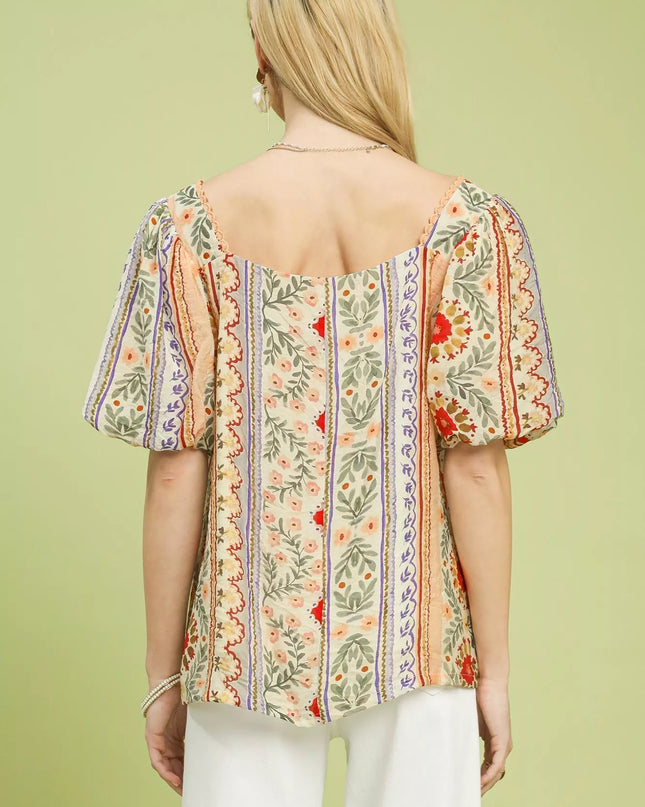 Umgee Patchwork Puff Sleeve Smocked Blouse - Sleekdenim.com