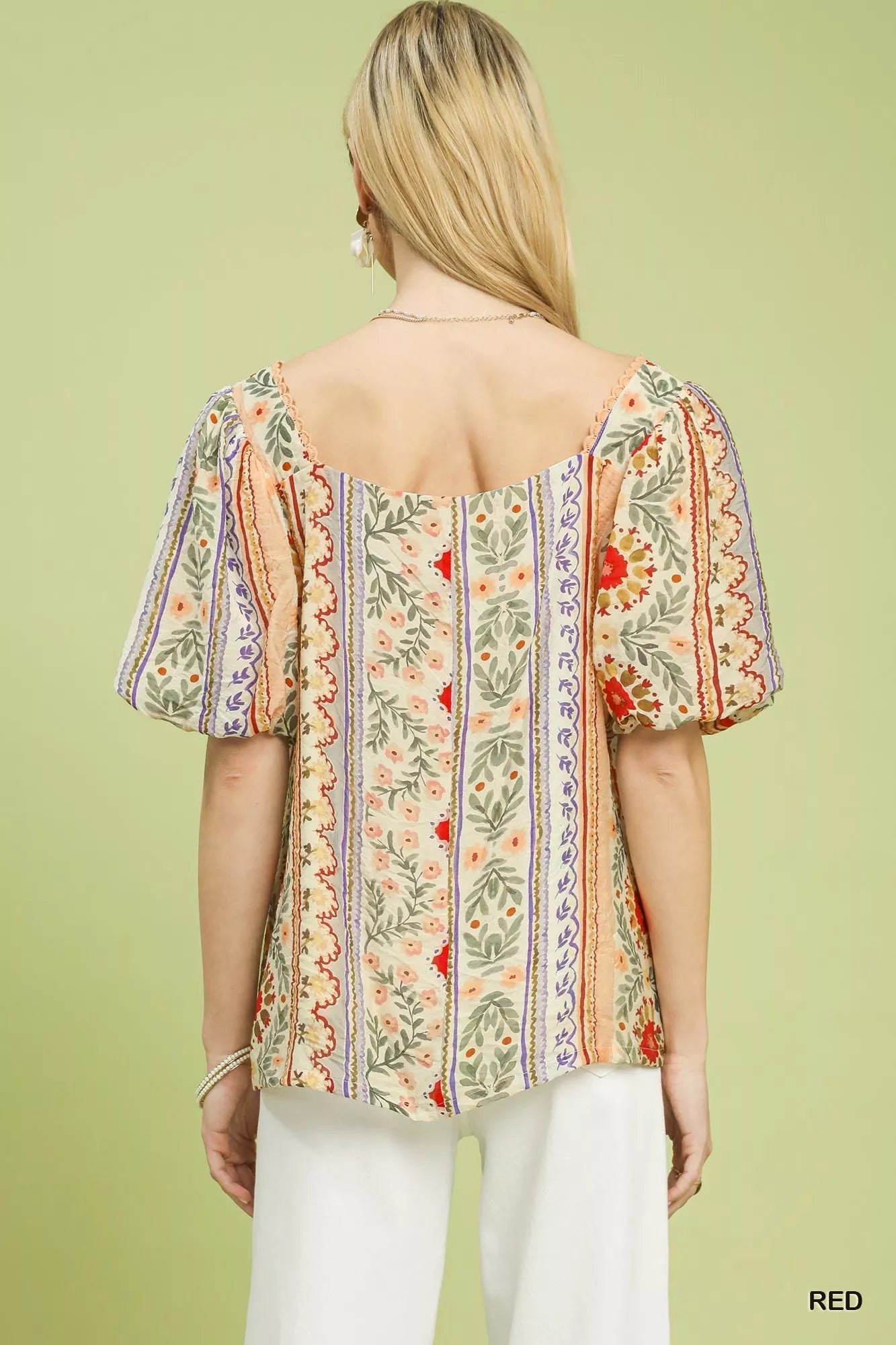 Umgee Patchwork Puff Sleeve Smocked Blouse - Sleekdenim.com