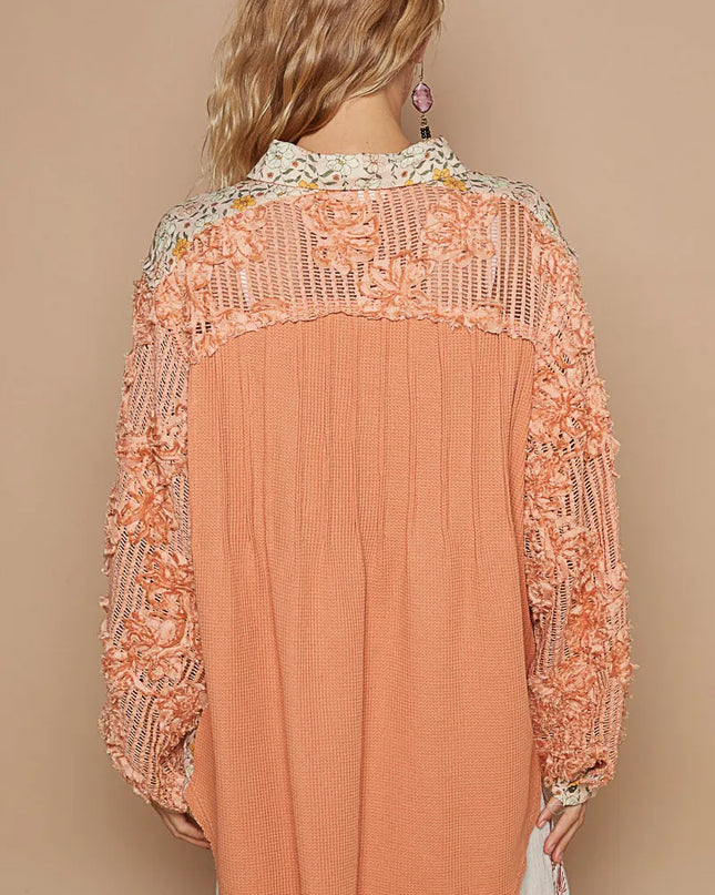POL Floral Half Button Lace Detail Long Sleeve Top - Sleekdenim.com