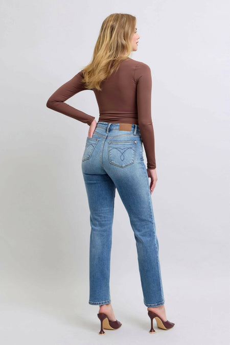 Judy Blue The Aspen High Rise Medium Wash Shearling Cuff Straight Leg Jeans | Sleek Denim Boutique | Sleekdenim.com