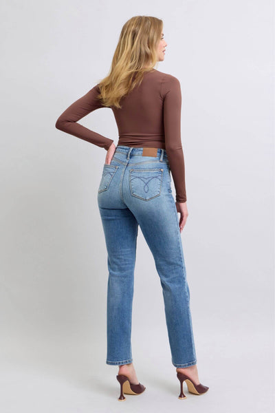 Judy Blue The Aspen High Rise Medium Wash Shearling Cuff Straight Leg Jeans