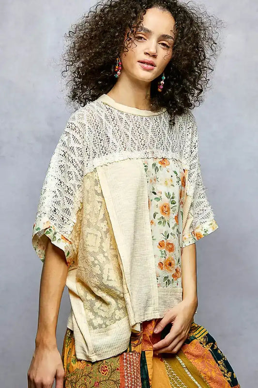 POL Floral Patchwork Lace Accent Blouse - Sleekdenim.com