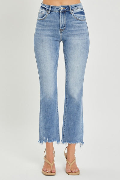 RISEN Full Size Frayed Hem Cropped Straight Jeans.