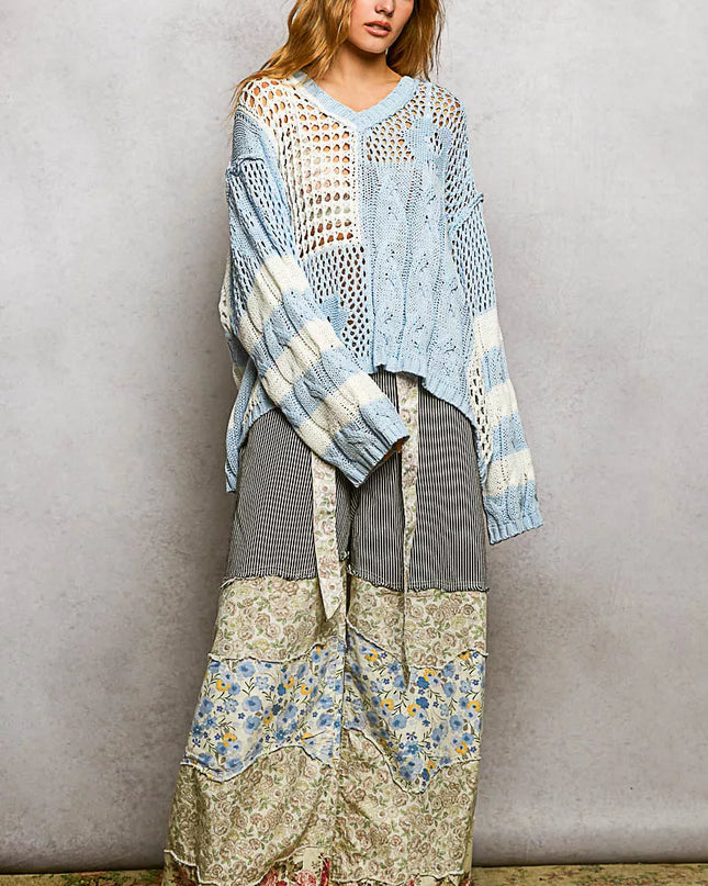 POL Color-Blocked Stripe Pattern Knit Top with Twisted Weave - Sleekdenim.com