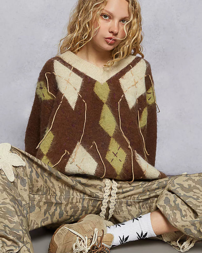 POL V-Neck Argyle Pattern Mohair Sweater with Contrast Exposed Stitch Detail - Sleekdenim.com