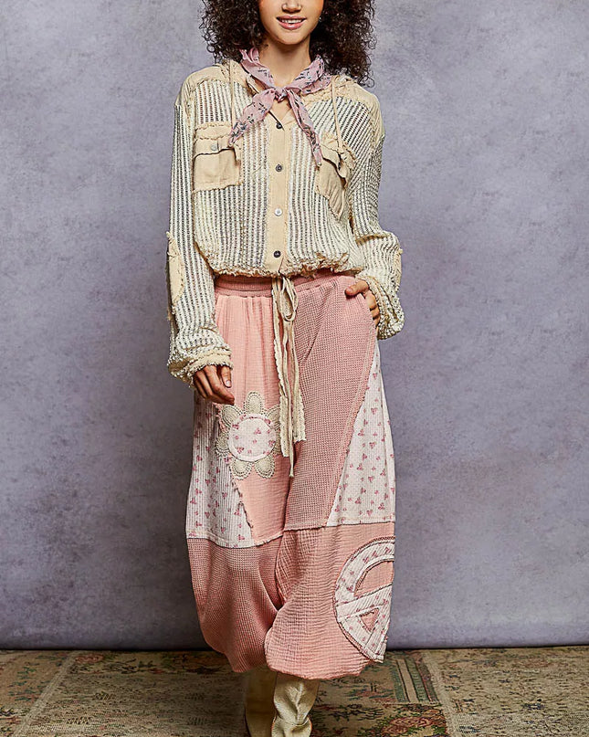 POL Texture Woven Button Down Hooded Shirt with Drawstring Hem - Sleekdenim.com