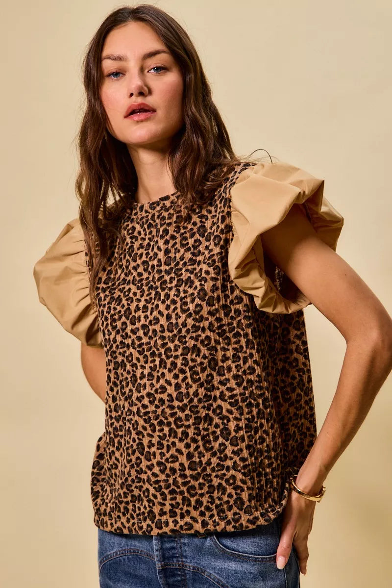 SO ME Leopard Pointelle Knit Top with Puff Sleeves - 7