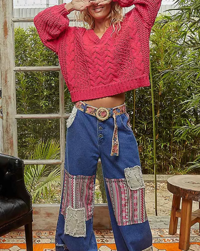 POL Cable-Knit Solid V-Neck Cropped Sweater - Sleekdenim.com