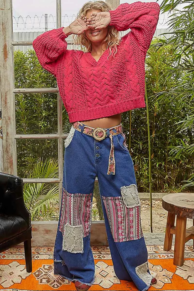 POL Cable-Knit Solid V-Neck Cropped Sweater - Sleekdenim.com