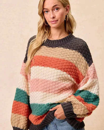 BiBi Stripes Color Block Chunky Sweater - Sleekdenim.com