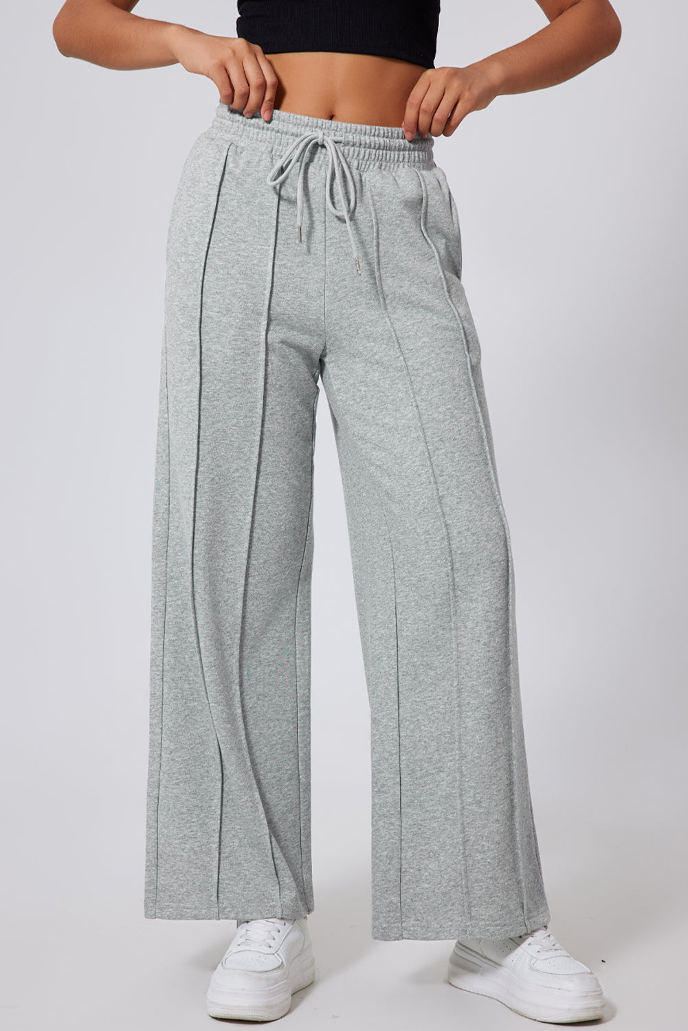 Gray Seamed Drawstring High Waist Wide Leg Sweatpants - Sleekdenim.com