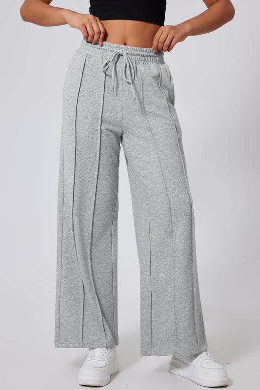 Gray Seamed Drawstring High Waist Wide Leg Sweatpants - Sleekdenim.com