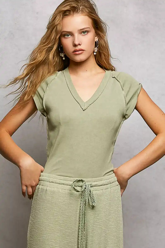 POL V-Neck Short Sleeve Washed T-Shirt with Outseam - Sleekdenim.com