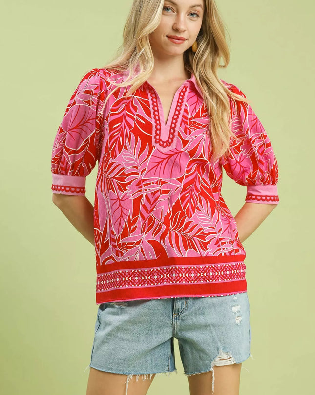 Umgee Tropical Print Puff Sleeve Blouse - Sleekdenim.com