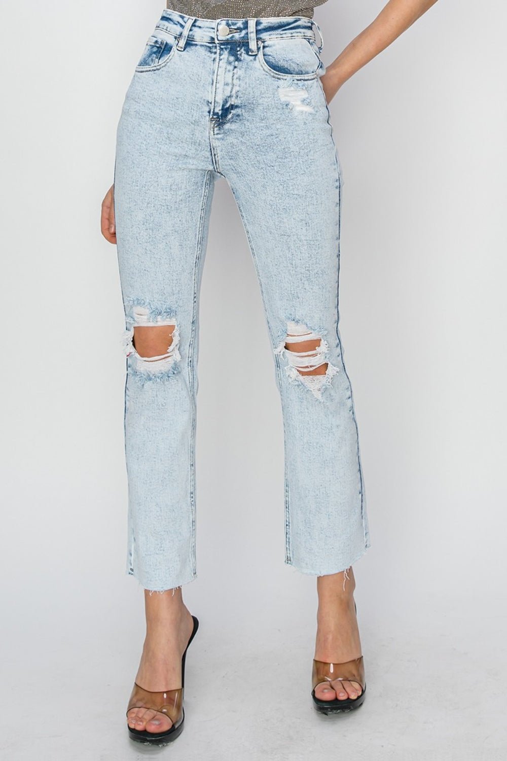 RISEN High Rise Distressed Ankle Jeans | Sleekdenim.com