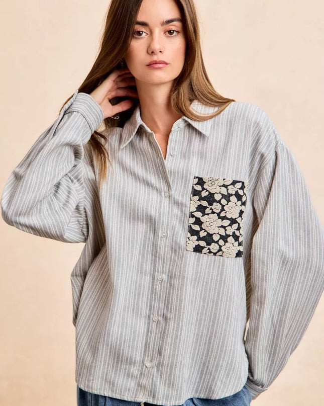 BiBi Flower Jacquard Knit Patch Pocket Stripe Shirt - Sleekdenim.com