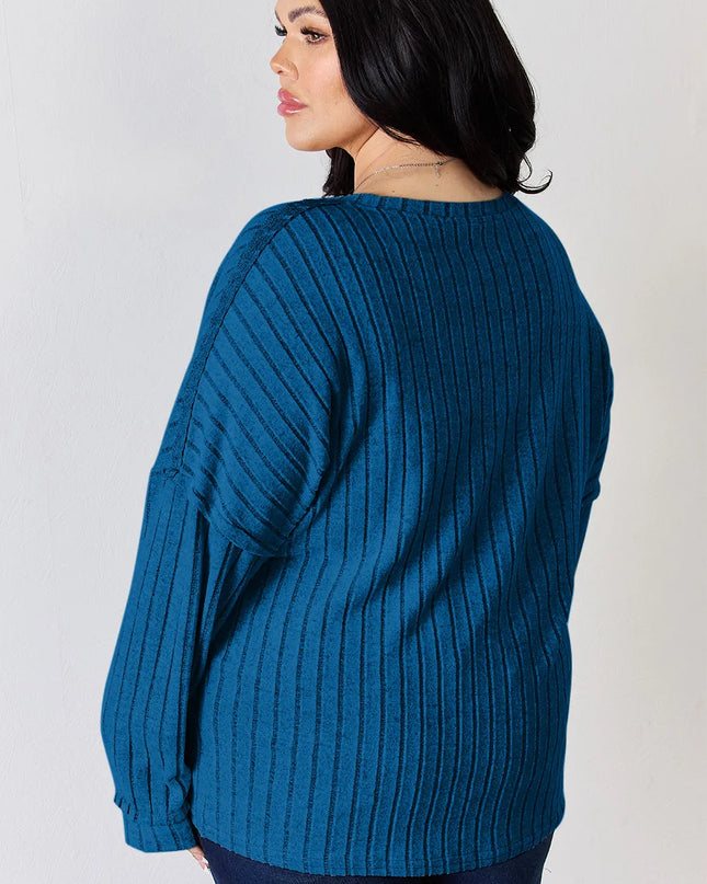 Basic Bae Full Size Ribbed Half Button Long Sleeve T-Shirt - Sleekdenim.com