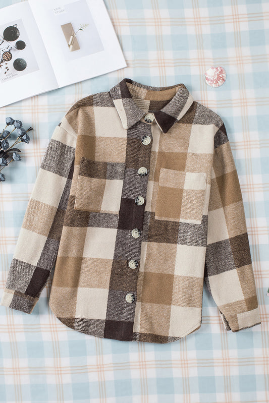 Khaki Plaid Color Block Buttoned Pocketed Shacket - Sleekdenim.com