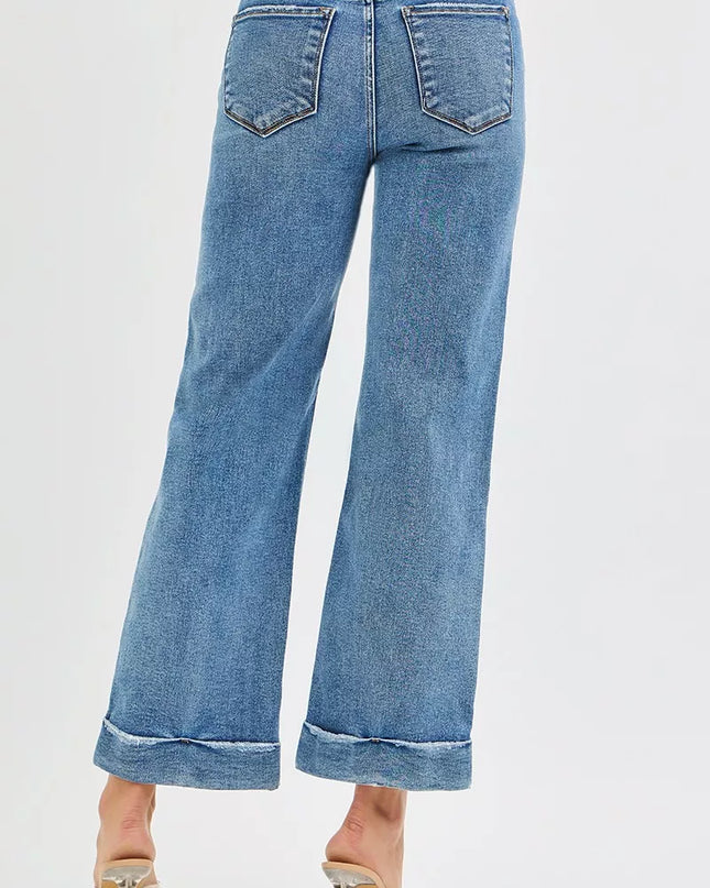 RISEN Full Size Mid Rise Crop Straight Jeans with Taylor Cuffed Plus Size - Sleekdenim.com
