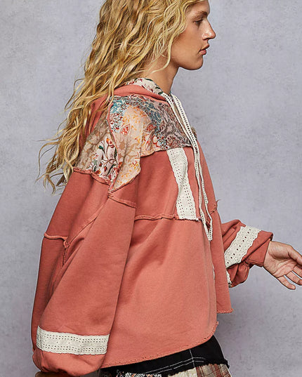 POL Drawstring French Terry Hoodie with Gauze Print Patch - Sleekdenim.com