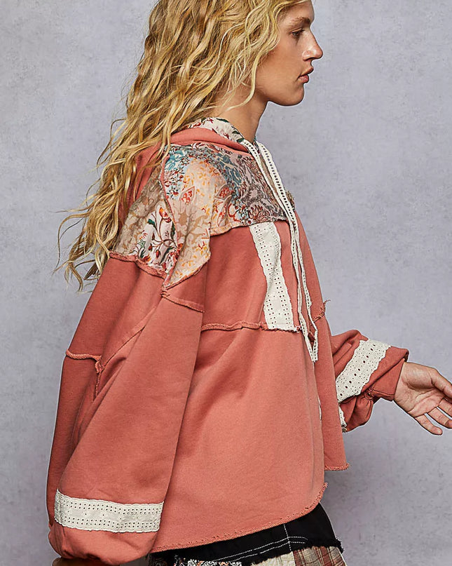 POL Drawstring French Terry Hoodie with Gauze Print Patch - Sleekdenim.com