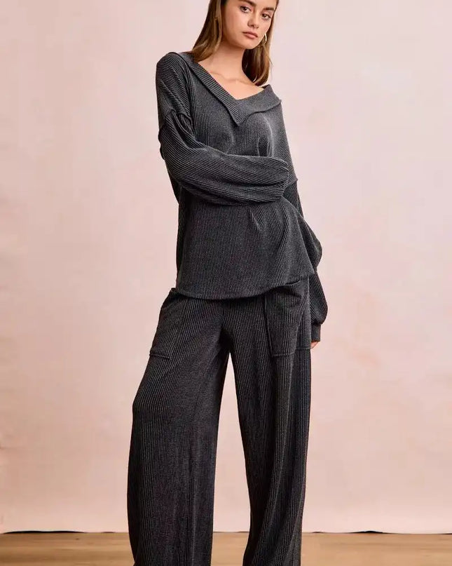 BiBi Two Tone Cord Rib Contrast Stitching V-Neck Top and Pants Set - Sleekdenim.com