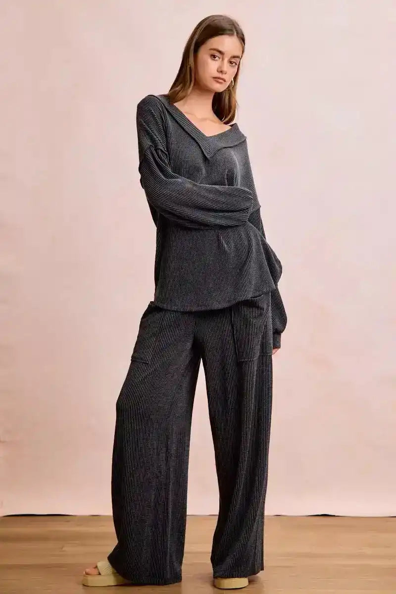 BiBi Two Tone Cord Rib Contrast Stitching V-Neck Top and Pants Set - So Soft & Silky - Sleekdenim.com