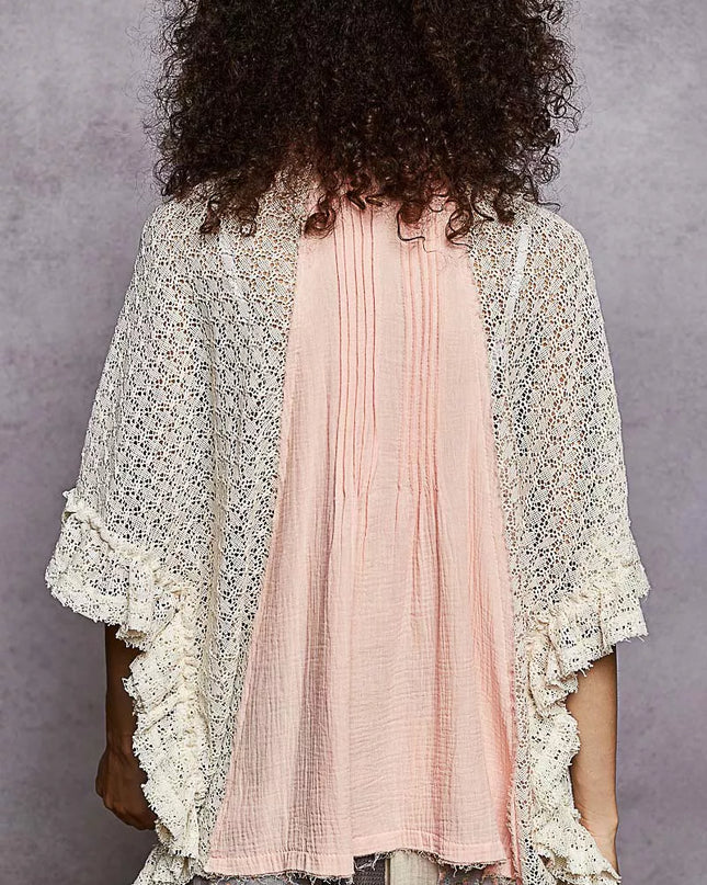 POL Button Down Front Pleated Shirt with Crochet Patch - Sleekdenim.com