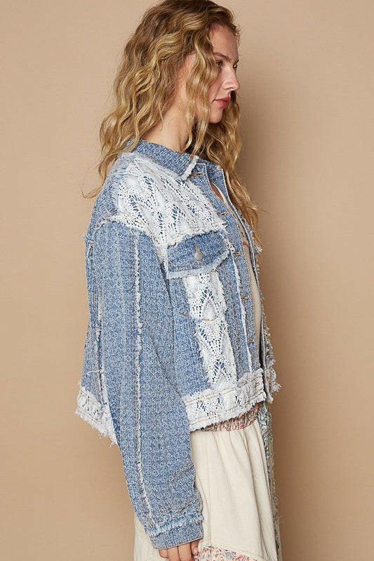 POL Crochet Patch Embroidered Button Up Jacket | Sleekdenim.com