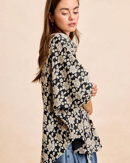 BiBi Floral Jacquard Short Dolman Sleeves Shirt - Sleekdenim.com