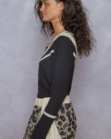 POL Ribbed Half Button Lace Detail Knit Top - Sleekdenim.com