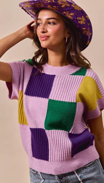 SO ME Mardi Gras Check Plaid Casual Sweater Top - 6