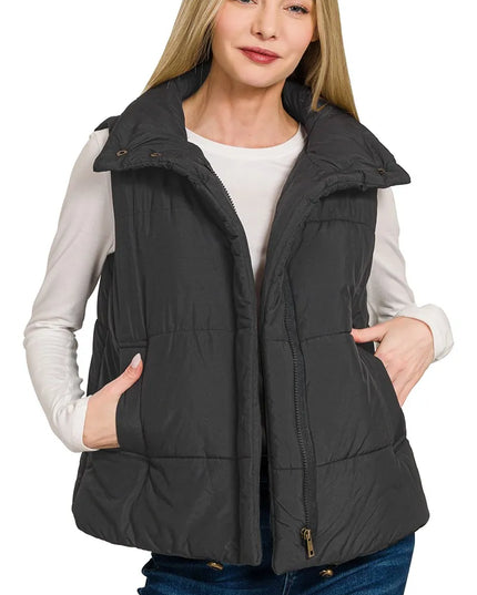 Zenana High Neck Zip-Up Vest Coat - Sleekdenim.com