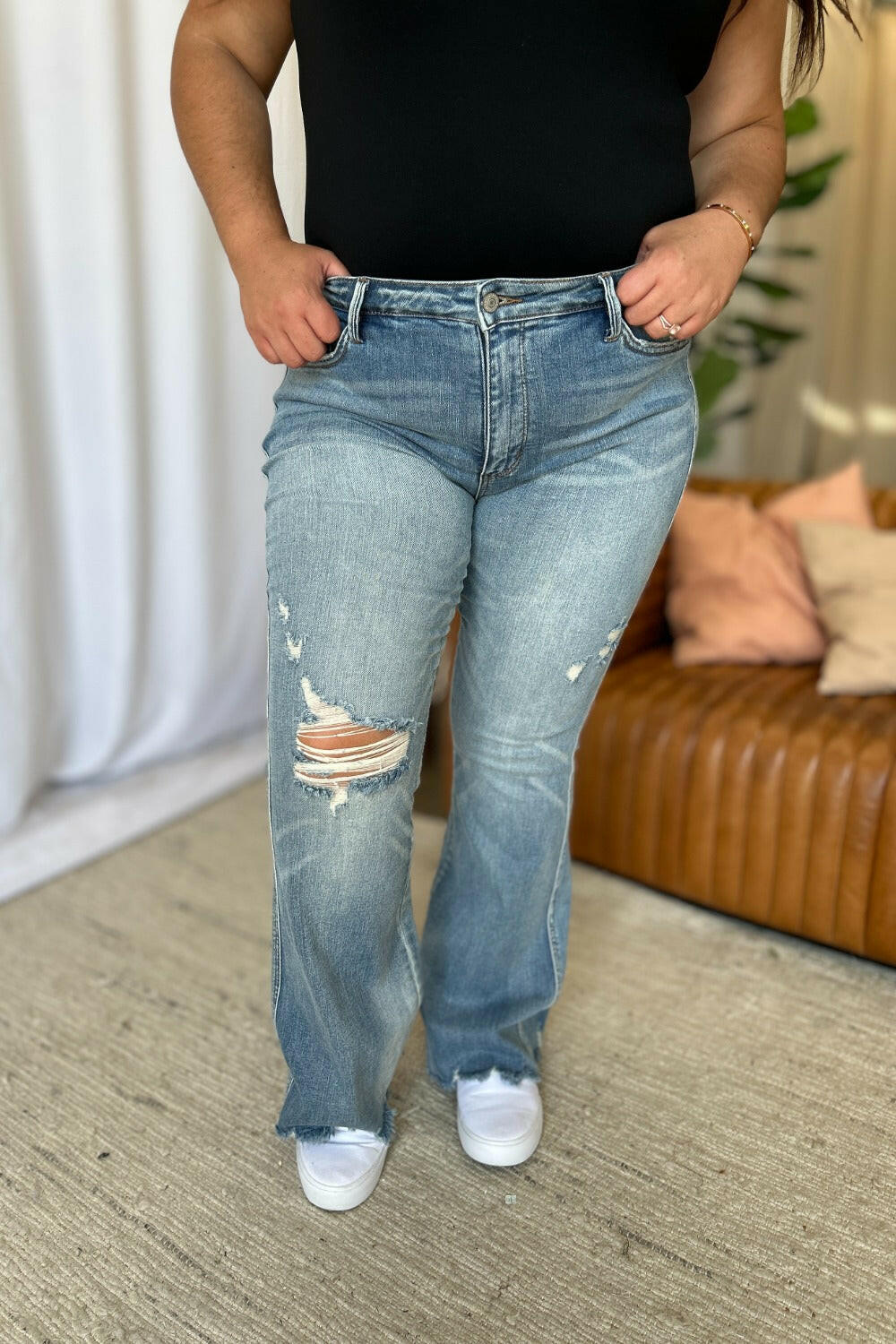 Judy Blue Full Size Medium Rise Tummy Control Destroy Flare | Sleekdenim.com