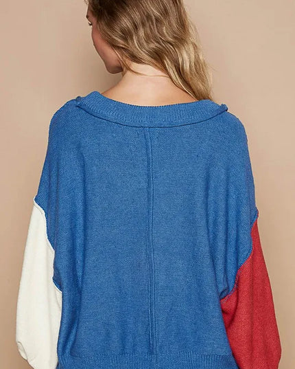 POL Exposed Seam Contrast V-Neck Lantern Sleeve Sweater - Sleekdenim.com