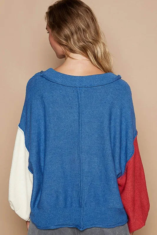 POL Exposed Seam Contrast V-Neck Lantern Sleeve Sweater - Sleekdenim.com