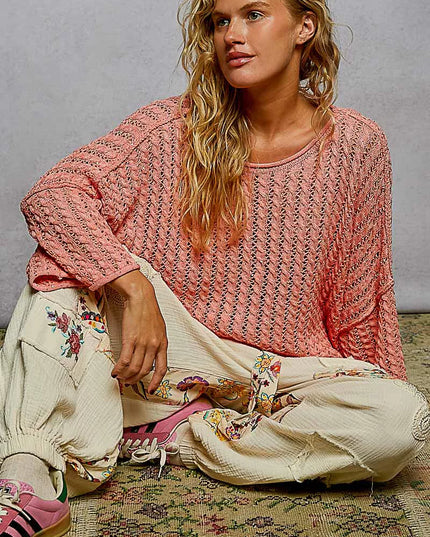 POL Cable-Knit Openwork Round Neck Cropped Sweater - Sleekdenim.com