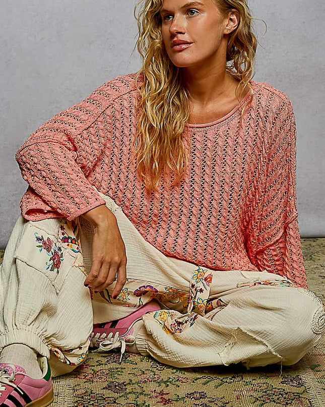 POL Cable-Knit Openwork Round Neck Cropped Sweater - Sleekdenim.com