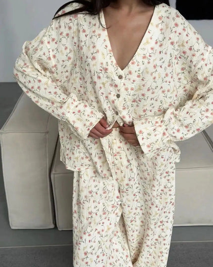 Floral Print Button-Down Top and Pants Lounge Set - Sleekdenim.com