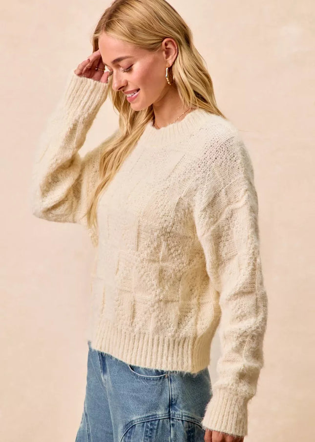 BiBi Checker Board Drop Shoulder Sweater - Sleekdenim.com