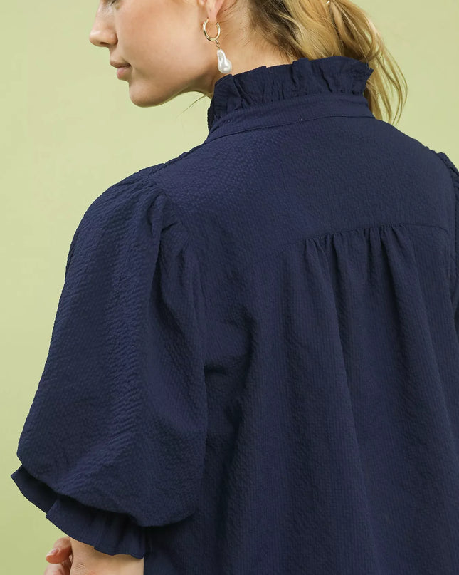Umgee Textured Smocked Yoke Split-Neck Top - Sleekdenim.com