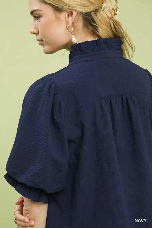 Umgee Textured Smocked Yoke Split-Neck Top - Sleekdenim.com