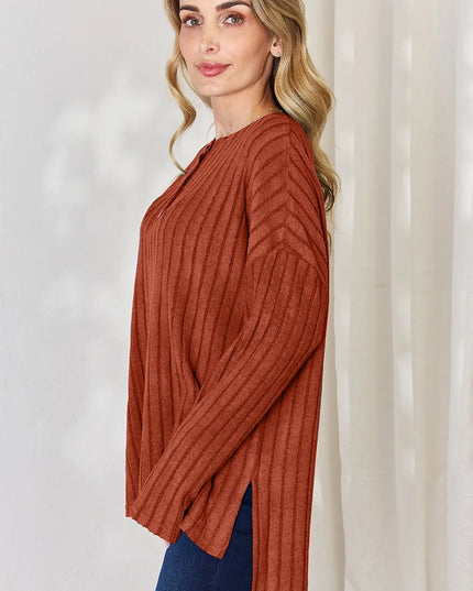 Basic Bae Full Size Ribbed Half Button Long Sleeve High-Low T-Shirt - Sleekdenim.com