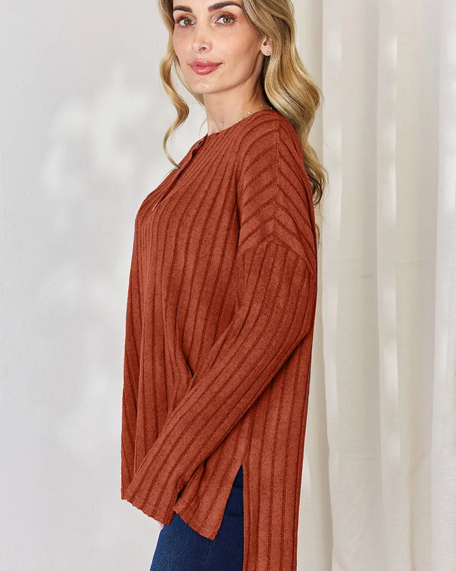 Basic Bae Full Size Ribbed Half Button Long Sleeve High-Low T-Shirt - Sleekdenim.com