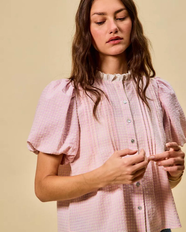 SO ME Gingham Lace Trim Button Bubble Sleeves Blouse - Sleekdenim.com