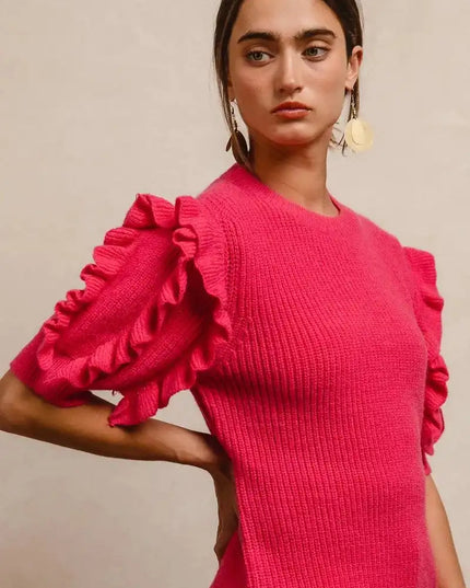 BiBi Ruffle Sleeve Ribbed Sweater - Sleekdenim.com