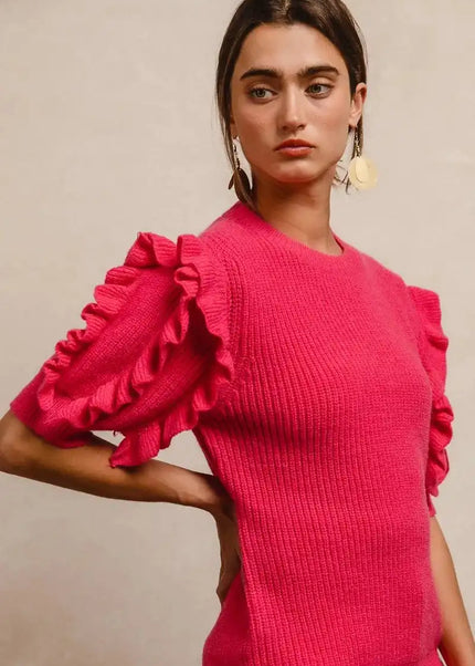 BiBi Ruffle Sleeve Ribbed Sweater - Sleekdenim.com